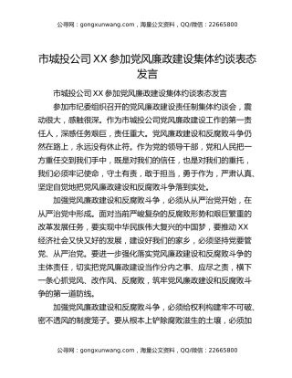 市城投公司XX参加党风廉政建设集体约谈表态发言