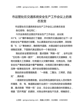 市运管处在交通系统安全生产工作会议上的表态发言