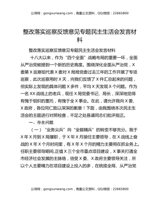 整改落实巡察反馈意见专题民主生活会发言材料