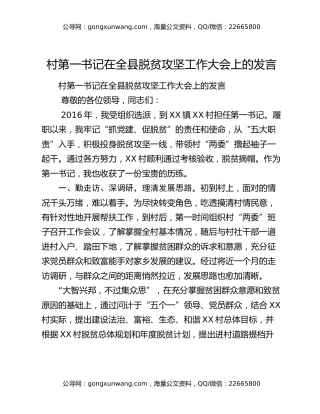 村第一书记在全县脱贫攻坚工作大会上的发言