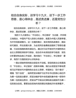 结合自身实际，谈学习十九大，谈下一步工作思路，是心得体会，是述责述廉，还是党性分析？