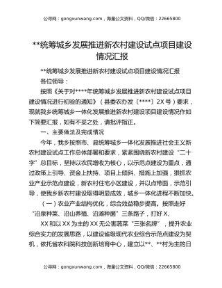 统筹城乡发展推进新农村建设试点项目建设情况汇报