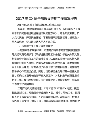 2017年XX局干部选拔任用工作情况报告