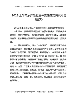 2018上半年从严治党主体责任落实情况报告(范文)