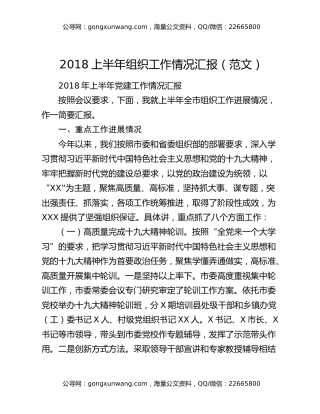 2018上半年组织工作情况汇报（范文）