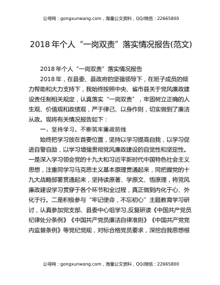 2018年个人“一岗双责”落实情况报告(范文)