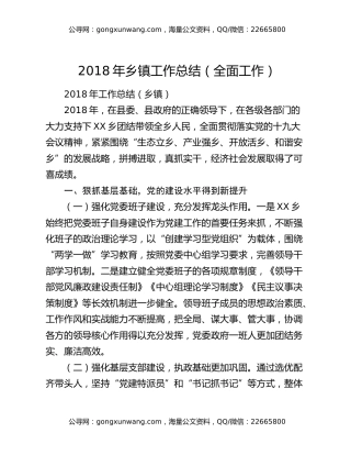 2018年乡镇工作总结（全面工作）