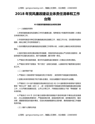 2018年党风廉政建设主体责任清单和工作台账