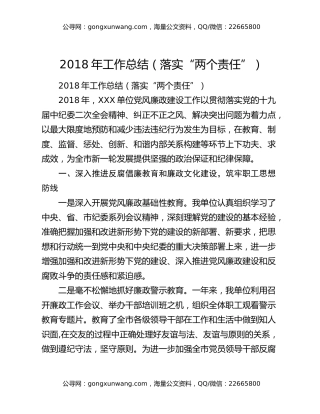 2018年工作总结（落实“两个责任”）