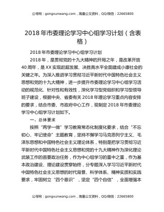2018年市委理论学习中心组学习计划（含表格）