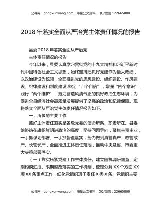 2018年落实全面从严治党主体责任情况的报告