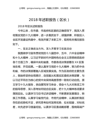 2018年述职报告（区长）