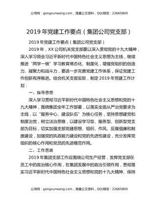 2019年党建工作要点（集团公司党支部）