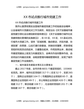 XX市试点推行城市党建工作