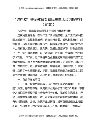 “讲严立”警示教育专题民主生活会剖析材料（范文）