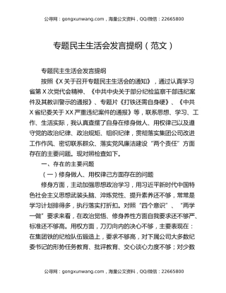 专题民主生活会发言提纲（范文）