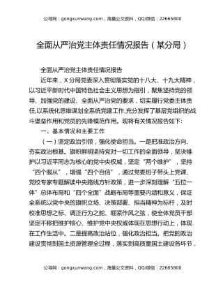 全面从严治党主体责任情况报告（某分局）
