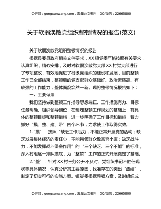关于软弱涣散党组织整顿情况的报告(范文)