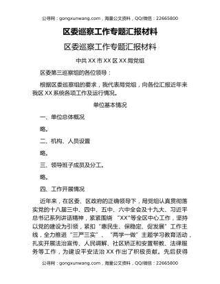 区委巡察工作专题汇报材料