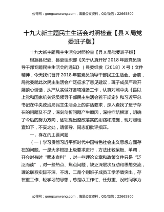 十九大新主题民主生活会对照检查【县X局党委班子版】