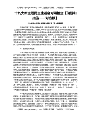 十九大新主题民主生活会对照检查【问题和措施一一对应版】