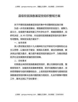 县级软弱涣散基层党组织整顿方案