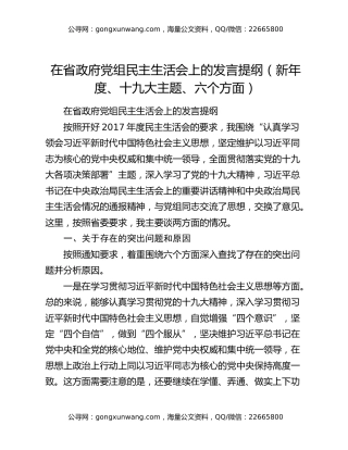 在省政府党组民主生活会上的发言提纲（新年度、十九大主题、六个方面）