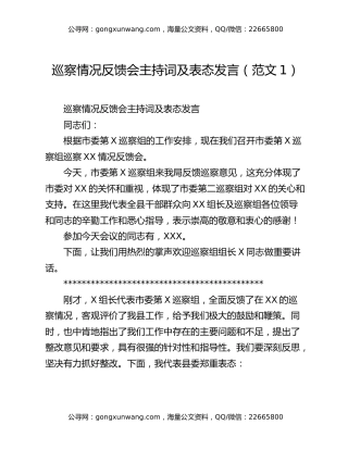 巡察情况反馈会主持词及表态发言（范文1）