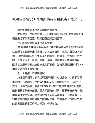 政治生态建设工作落实情况自查报告（范文1）