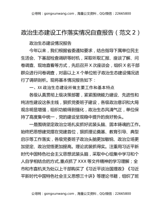 政治生态建设工作落实情况自查报告（范文2）