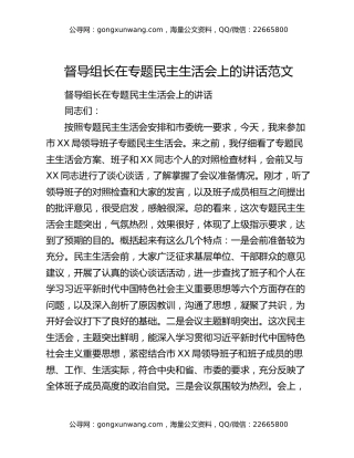 督导组长在专题民主生活会上的讲话范文