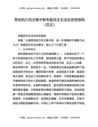 贯彻执行民主集中制专题民主生活会发言提纲(范文)