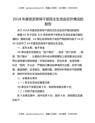 2018年度党员领导干部民主生活会召开情况的报告