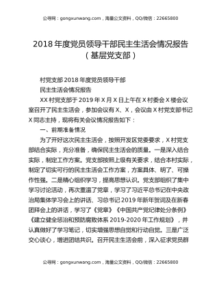 2018年度党员领导干部民主生活会情况报告（基层党支部）