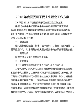 2018年度党委班子民主生活会工作方案