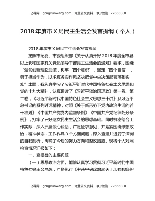2018年度市X局民主生活会发言提纲（个人）