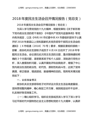 2018年度民主生活会召开情况报告（党总支）