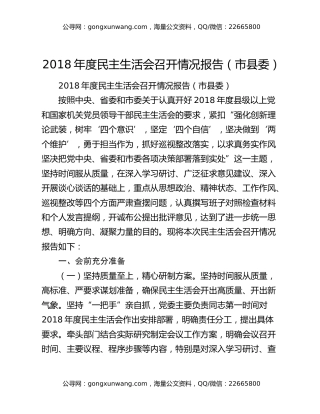 2018年度民主生活会召开情况报告（市县委）