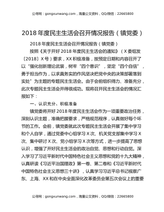 2018年度民主生活会召开情况报告（镇党委）