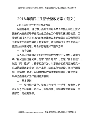 2018年度民主生活会整改方案（范文）