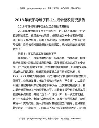 2018年度领导班子民主生活会整改情况报告