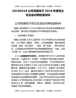 20190318公司党委班子2018年度民主生活会对照检查材料