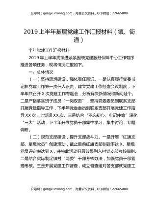 2019上半年基层党建工作汇报材料（镇、街道）