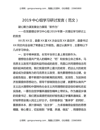 2019中心组学习研讨发言（范文）