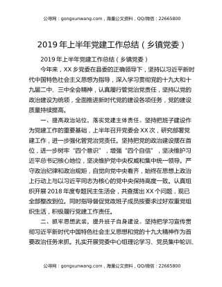 2019年上半年党建工作总结（乡镇党委）