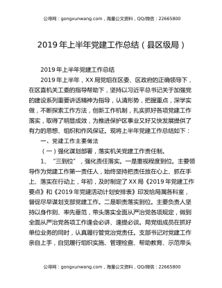 2019年上半年党建工作总结（县区级局）