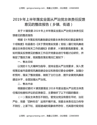 2019年上半年落实全面从严治党主体责任反馈意见的整改报告（乡镇、街道）