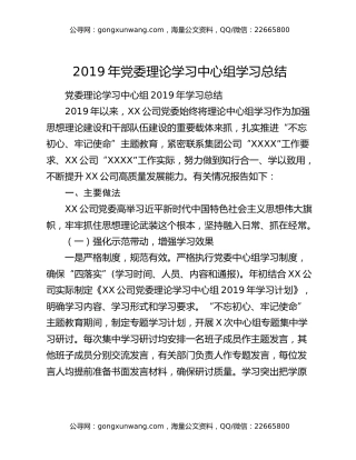 2019年党委理论学习中心组学习总结