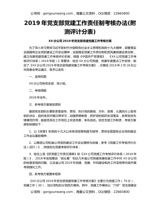 2019年党支部党建工作责任制考核办法(附测评计分表)