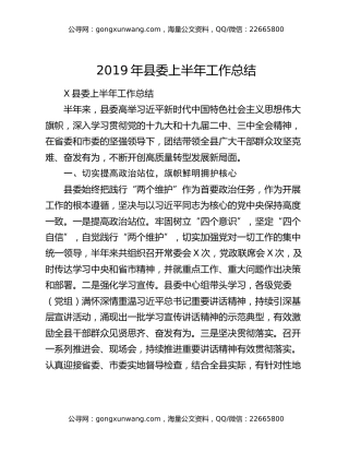 2019年县委上半年工作总结